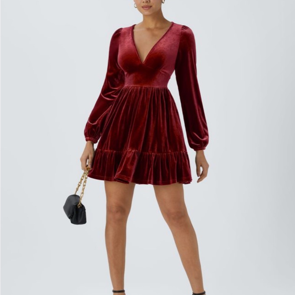 Halara Size L Deep V Neck Long Sleeve Ruffled Hem Velvet Mini Dress